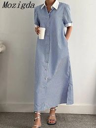 Party Dresses Summer Striped Print Long Shirts Dress Women Korean Loose Pleated Fashion Casual Ladies Short Sleeve Woman