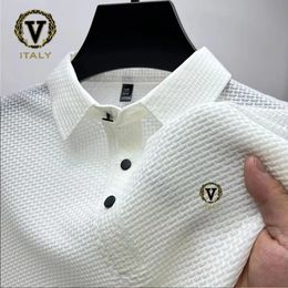 Fashionable printed ice silk elastic polo shirt 2024 summer breathable mens business short sleeved luxury top 240425