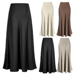 Skirts Fishtail Maxi leather elegant artificial silk satin finish for womens high waisted A-line office womens leather solid color glossy finishL2405