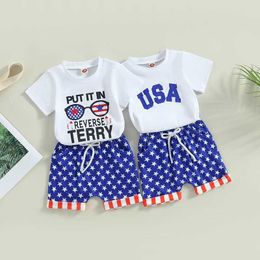 Clothing Sets Kid Boy Pants Suit Casual Party Round Neck Short Sleeve Letters Tops + Drawstring Star Striped Pants H240508