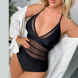 Women's Swimwear 2024 Sexy Black Tied Halter Deep V-neck Bikini Monokini String Swimsuit One Piece High Cut Female Beachwear