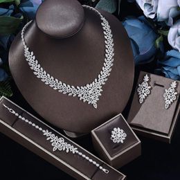 Necklace Earrings Set Sparkling Cubic Zirconia 4pcs Turkish Wedding Jewelry Copper Flower UAE Dubai Bridal For Ladies