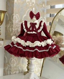 Girl's Dresses Baby Girl Spring Burgandy Trkiye Vintage Princess Dress Birthday Holiday Easter Photography Eid al FitrL2405