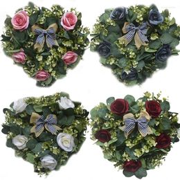 Decorative Flowers Vintage Heart-Shaped Artificial Rose Flower Wreath With Greenery Leaves Linen Plaid Bowknot For Front Door Home Wedding