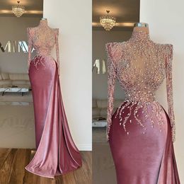 New Column Prom Dresses High Neck Capped Long Sleeve Floor Length Lace Appliques Beaded Celebrity Evening Dresses Plus Size Custom Made L24658