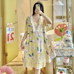 Women's Sleepwear Summer Nightgown Women Cotton Short Sleeve Sexy Night Dress Girls Nightwear Sleepshirts Home Clothes Cartoon Floral