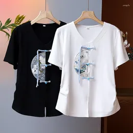 Women's T Shirts Chinese Style Embroidered Short Sleeved Cotton T-shirt For Summer Slimming Pleated Waist Retro V-neck Top