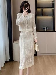 Work Dresses Korean Spring Lace Knit Two-piece Fashion Temperament Women's Single-breasted Hollow Fringe Short Top Mid-skirt Suit