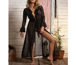 Women Sexy Mesh Thin Jacket Summer Long Flare Sleeve Black Tunic Bandage Lace Up Coat See Through Outerwear Sun Block Clothes2357883