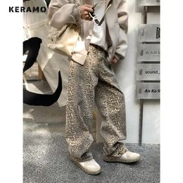 Gamba larga retrò largo y2k anni 2000 pantalone in denim femminile femminile vintage casual pantaloni ad alta vita leopardo leopardo che stampano jeans 240430