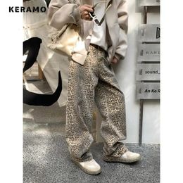 Retro Wide Leg Baggy Y2K 2000s Denim Trouser Fashion Womens Vintage Casual High Waist Pants High Street Leopard Printting Jeans 240430