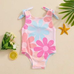 One-Pieces Baby Girl Swimsuit Floral Print Sleeveless Knotted Shoulder Strap U-Neck Bathing Suit H240508