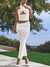 Two Piece Dress Summer Knitted Beach Skirt Sets Women Sexy Halter Backless Slim Bohemian Outfit White Shr Holiday Two Piece Set 2024 Beachwear Y240508