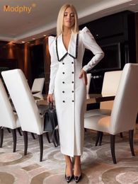 Casual Dresses Modphy 2024 Bodycon White Patchwork Dress Elegant Ruffle Long Sleeved Double Breasted Slim Office Party Midi For Women