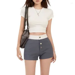 Women's Shorts American Retro With Three Melon Buttons Elastic Slim-Fit Pants Buttocks Color-Blocking Splicing Casual Trousers Women