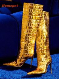 Boots Stone-Pattern Glossy Knee High Stiletto Pointy Toe Golden Thin Heels Slip On Winter For Female Plus Size 46
