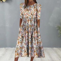 Casual Dresses Women Summer Dress Round Neck Retro Floral Printing Mid Sleeves A-line Pleated Side Pockets High Waist Big Hem Vacation Midi
