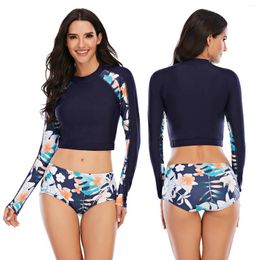 Women's Swimwear Separates Swimsuit Suit Long-sleeve Surfing Wetsuit Rash Guards Diving UV Protection O-neck Floral Quick Drying