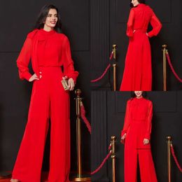 2020 Modest Elegant Jumpsuits Jewel Long Puff Sleeve Evening Satin Bow Formal Dresses Floor Length Party Gowns 0508