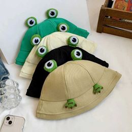 Caps Hats Kids Fisherman Hat Cartoon Frog Basin Hats Spring Summer Outdoor Sun Cap Sunscreen Bucket Cap 2023 H240508