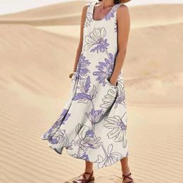 Casual Dresses Women's Summer Cotton And Round Neck Sleeveless Pocket Retro Floral Breathable Dress Long Linen Wrap