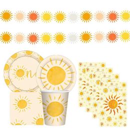 Disposable Dinnerware 1 set of Bohemian Sun disposable tableware cardboard banners for Suns first birthday party decoration gift bag supply Q240507