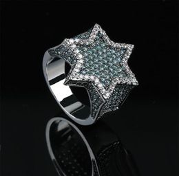 Mint Green Cubic Zirconia Bling Ice Out Jewish Star of David Hexagram Rings for Men Hip Hop Rapper Jewelry Gold Silver8019245