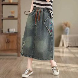 Skirts High waisted casual denim leather pants for womens new 2024 spring retro style street clothing flower embroidery womens A-line long leather pants B3713L2405