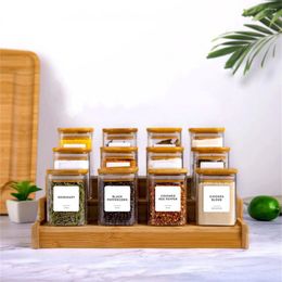Storage Bottles Accessories For With Glass Jars Kitchen 12pcs Home Food Set Square Labels Spice Airtight Of Containers Lids Bamboo