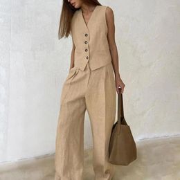 Women's Two Piece Pants Women Two-piece Suit Lady Top Set Sleeveless V-neck Vest Straight Trousers With Elastic Waist Side For Daily