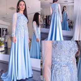 Modest New Arrival Evening Jewel Neck Long Sleeve Beads Sequins Applique Formal Dresses Button Sweep Train Party Gowns 0508