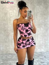 Two Piece Dress Strange cat flower print womens two-piece elegant summer trend lace bow vest+peach buttocks tight fitting suit Y240508