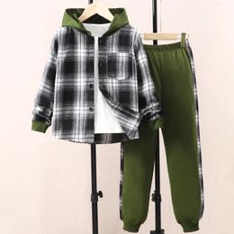 Clothing Sets Boys' Long Sleeve Autumn Casual Checker Contrast Hoodie Set Shirt Suit Old Summer Fashion Causal Plaid Children