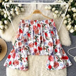 Women's Blouses Chic Elegant Flare Sleeve Chiffon Print Off Shoulder Puff Top Vintage Korean Fairy Crop Summer Women Clothing