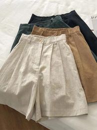 Women's Pants Japanese-Style Retro Cotton Linen Shorts Summer High Waist Small Thin Wide Leg Leisure A- Line Fifth