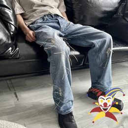 Men's Pants Handmade Damaged Woven Washed Ripple Loose Straight Leg Jeans High Street Men Women Tight Trend