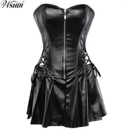 Black Faux Leather Corset Dress Overbust Boned Basque Mini Skirt Sexy Lingerie Bodyshaper Slimsuit Nightwear S-6XL Plus Size1 284B