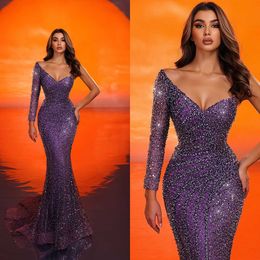 New Mermaid Prom Dresses One-Shoulder Long Sleeve Floor Length Lace Ruffles Design Appliques Beaded Crystal Celebrity Evening Dresses Plus Size Custom Made L24621