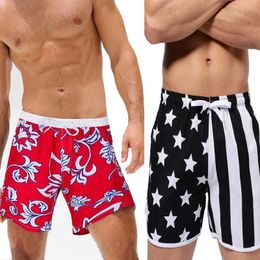 Men's Shorts New mens beach board shorts sexy swimsuit swimsuit suitcase US flag printed swimsuit celebrity stripes H240508