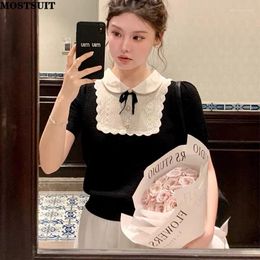 Women's Sweaters Summer Vintage Bow Sweater For Women Knitted Tshirt Tops Short Sleeve Color-blocked Elegant Stylish Chic Ladies Tees Jumper