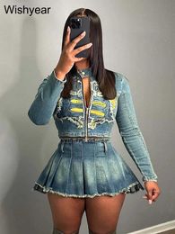 Two Piece Dress Harajuku Stretch Denim Womens Embroidery Jacket and Mini Pleated Skirt 2 Two Piece Suits Washed Strtwear Night Club Outfits Y240508