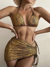 Women's Swimwear 3 Pieces Swimming Suits Lady Leather Gold Shiny Bikinis 2024 Brazilian Bikini Set With Mini Ruched Skirt Sexy Beachwear