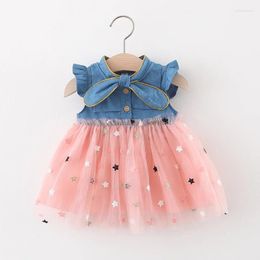 Girl Dresses Summer Denim Patchwork Star Tulle Baby Princess Dress With Sweet Little Flying Sleeves Children'S Clothing