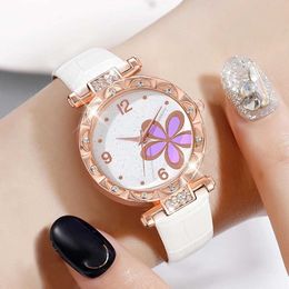 Women's Watches White Women 6PCS/Set Pink Large Flower Dial Quartz Wrist Pu Leather Strap With Jewellery Set Gift For Girls