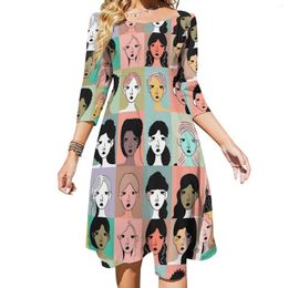 Casual Dresses Character Dress Summer A Grid Of Quirky Women Faces Pretty Lady Three Quarter Street Wear Graphic Oversize