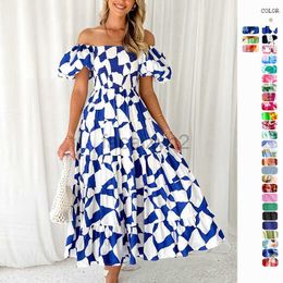 Casual Dresses Designer Dress Hot new platform spring/summer one line collar printed puffy skirt with bubble sleeve dress for women 2024 Plus size Dresses