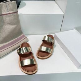 Slippers Spring Summer Women Fashion Genuine Leather Platform Runway Ooufit Metal Belt Buckle Flat Slides Shoes Woman