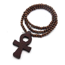 Pendant Necklaces Wood Ankh Necklace Egypt Key Of Life African Egyptian Cross Handmade Wooden Beads Strands Hiphop Relius Hip Hop Jewe Dhsal