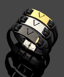 Europe America Fashion Style Men Hollow Out V Letter Black Doubledeck Leather Bracelet 4 Color2070158