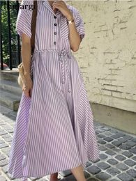 Party Dresses Summer Striped Print Long Shirts Dress Women Loose Ruffle Pleated Fashion Short Sleeve Ladies Korean Sty Woman